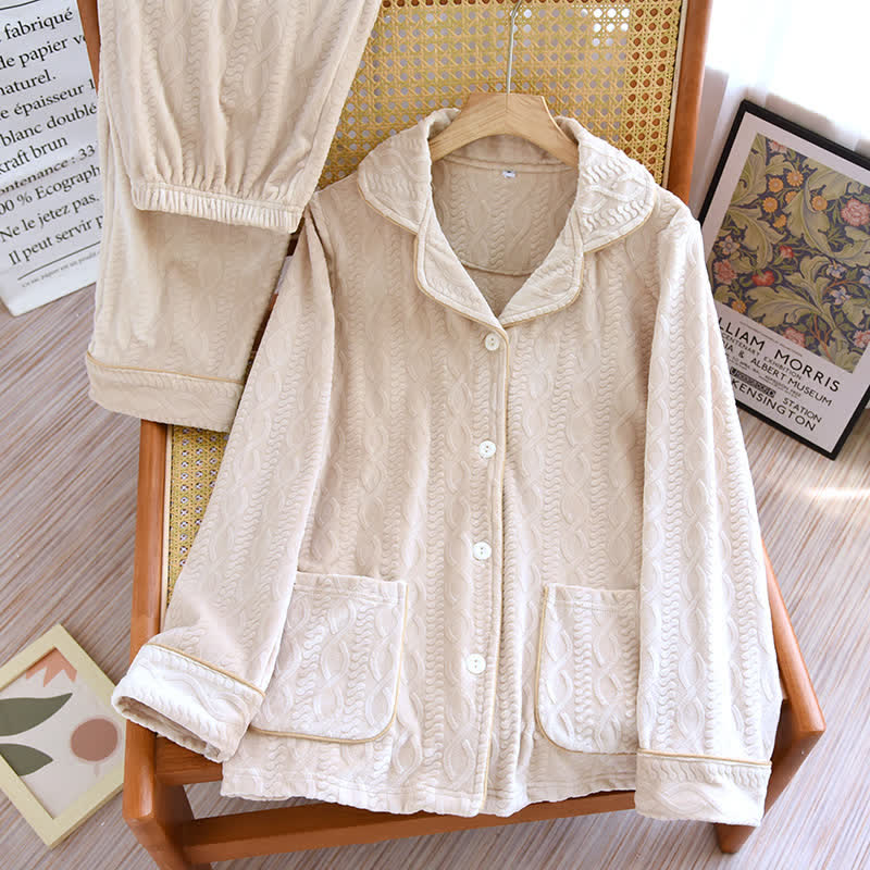 Düz Renk Yaka Flanel Pijama Takımı