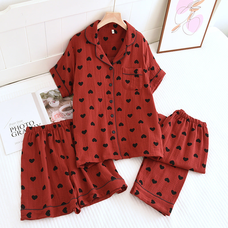 Heart Print Cotton Pajama Set (3Adet)