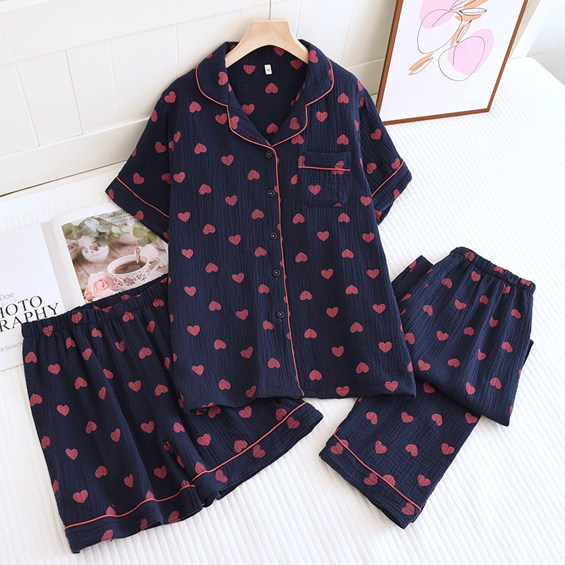 Heart Print Cotton Pajama Set (3Adet)