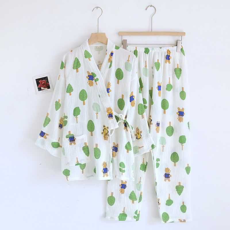 Bear Print Cotton Kimono Set