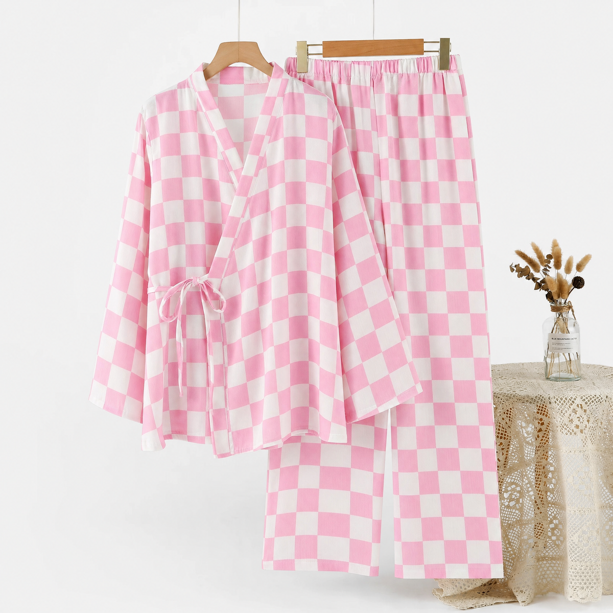 Pembe Damalı Kruvaze Kimono Takım